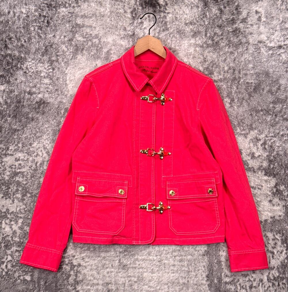 Ralph Lauren Fireman Jacket Large Womens Pink Denim Lobster Clasp Toggle